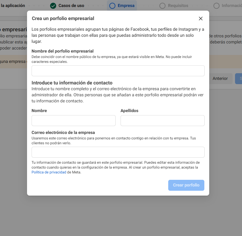 Formulario para crear el porfolio empresarial